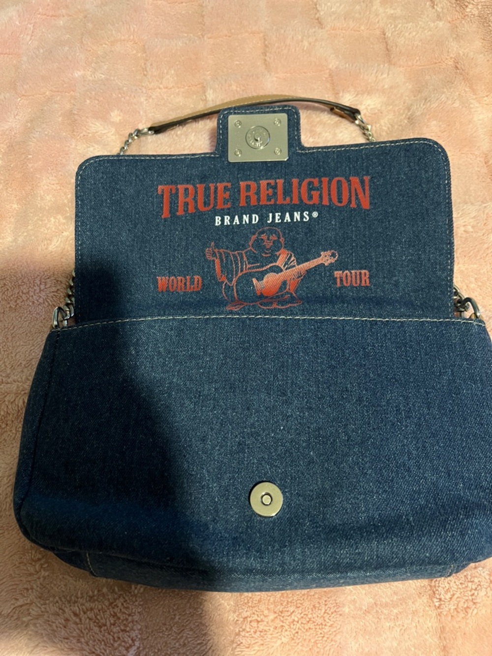 True Religion Denim Messenger Bag in Dark Blue with Red Logo